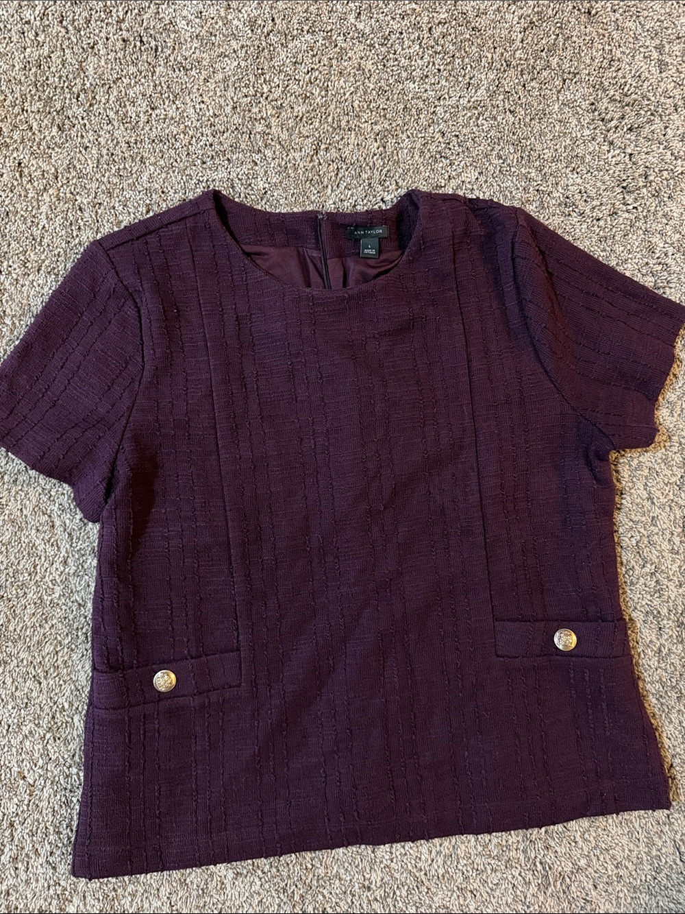 Ann Taylor Deep Plum Textured Short Sleeve Blouse with Silver Buttons